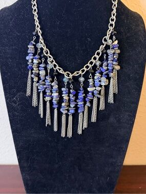 Boho Blue Stone Chip Fringe Statement Bib Necklace Silver Tone